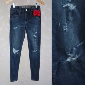 American Eagle Hi-Rise Jegging Distressed Dark Blue Denim Emo Grunge Size 2